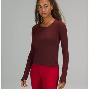 size 6 long sleeve lululemon swiftly tech (color: red merlot)